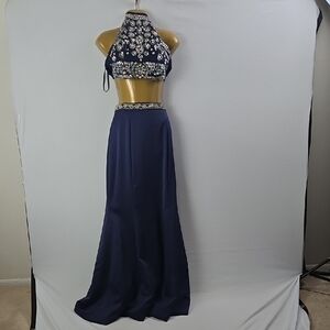 Navy Blue 2pc Embroidery Rhinestones Halter Maxi Skirt Prom Pageant Set Sz 6 / 9